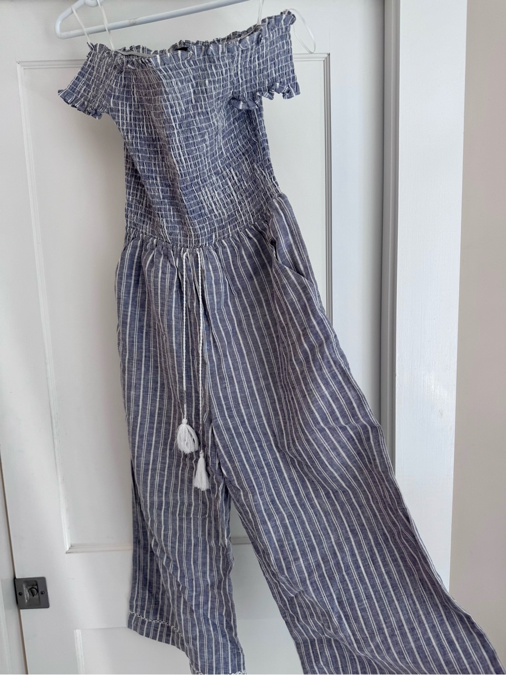 1. State Blue and White Striped Off-Shoulder Wide-Leg Jumpsuit
